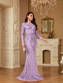 hezixi Stretchy Sequin Dress, Comfortable Fit For Different Body Types, Sheer Round Neck Long Sleeve Bodycon Mermaid Hem Formal Gown - 紫丁香色 - 查看 11
