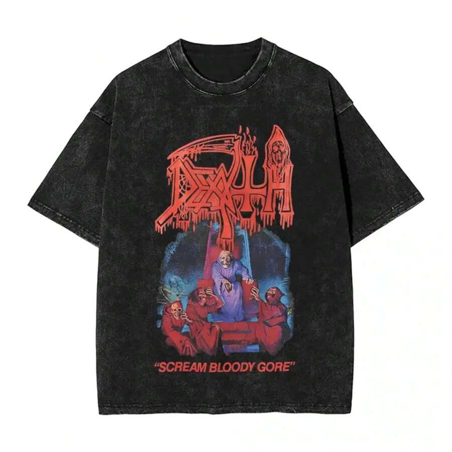 Washed T Shirts Scream Bloody Gore Death T-Shirts Harajuku Metal Band Streetwear Short Sleeve Summer Tops Tee Shirt Men Women - 黑色 - 查看 1