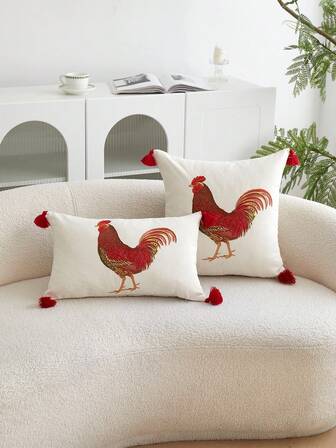 1pc Farmhouse Style Chicken Embroidery Linen Throw Pillow Cover With Red Tassel, Home Decor Suitable For Living Room, Bedroom, Sofa, Car And Various Environments