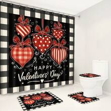 1件/4件套情人节装饰浴帘套装，心形格子蝴蝶结浪漫红黑白浴帘和地垫，可水洗浴室淋浴家居装饰，带12个挂钩、防滑浴垫和U型马桶座套 - 彩色 - 查看 9