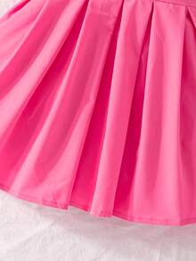 Summer Girls Cute Sweet Square Neck Puff Sleeve Dress With Hat - Hot Pink - View 5