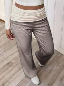 Sunny Girly Spring Women's Back To School Striped Straight-Leg Pants, With A White Ruffled Waist Design, Suitable For Valentine's Day Wear - Brown - View 10