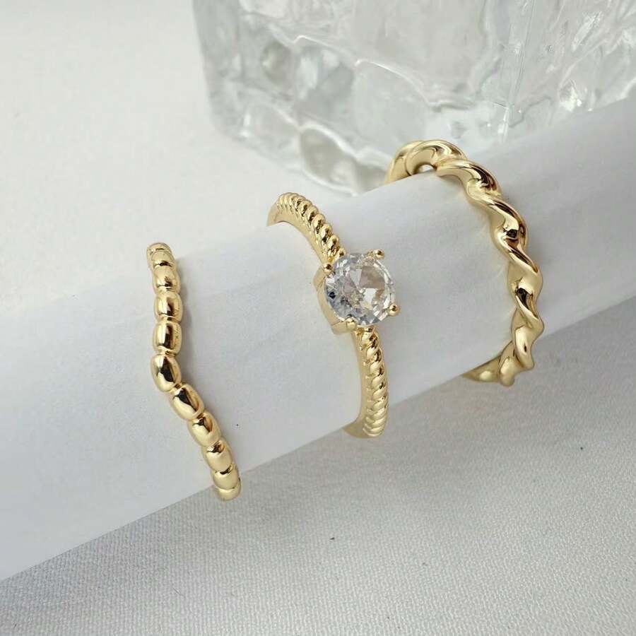 Set Of 3 Women's Twisted Rings With Pave Detail, Sophisticated And Versatile Set - #16 - Xem 1
