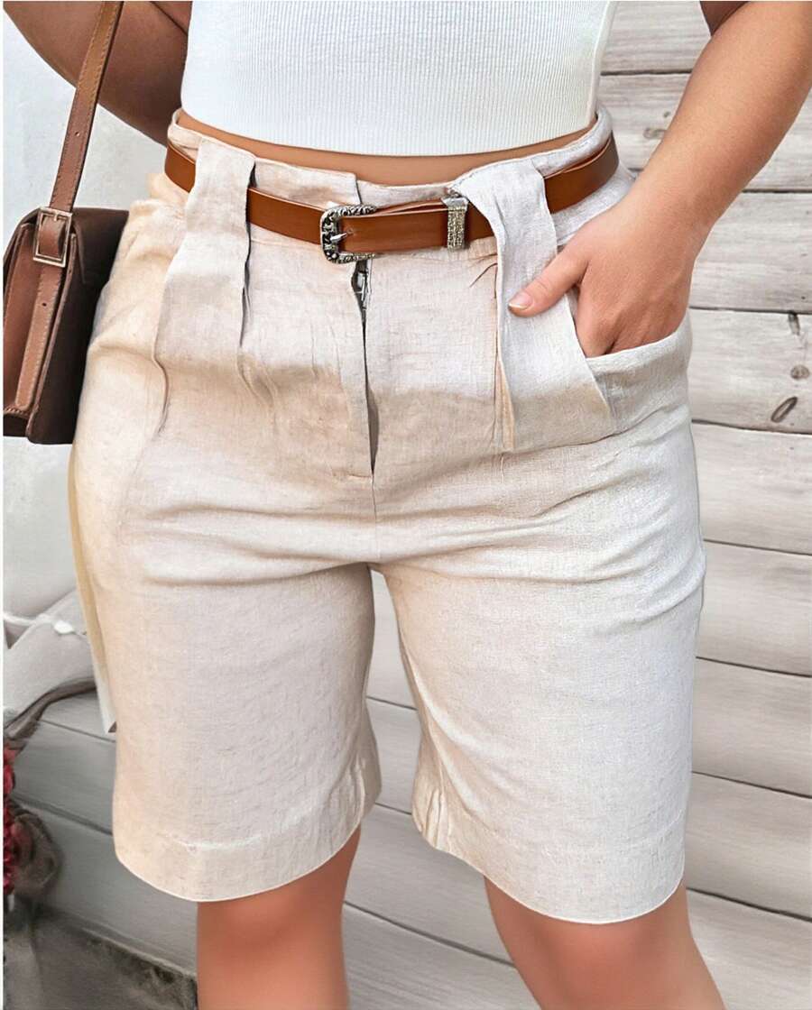 Women's Linen Bermuda Shorts/Pleated Skirt/With Belt Loops/Slash Pockets/Includes Belt - Màu be 2 - Xem 1