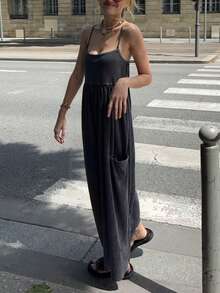 Bộ jumpsuit nữ màu trơn dáng rộng thoải mái kiểu phương Tây, dây mảnh, ống rộng, gợi cảm, phù hợp cho dạo phố hàng ngày, hẹn hò, du lịch, tiệc tùng, kỳ nghỉ hè, đi làm. Màu đen thanh lịch. - màu đen - Xem 7