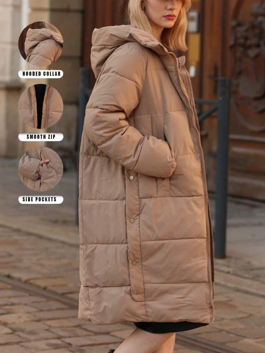 女士纯色长款连帽羽绒服,时尚高品质,简约优雅设计,适合各种日常场合:休闲、工作、上学、冬季 - 卡其色 - 查看 1