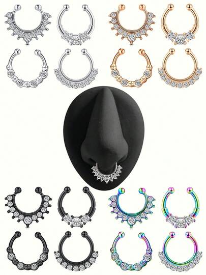 4pcs/Set Punk Style Stainless Steel White Zirconia Inlaid Clip-On Fake Nose Ring - 10mm Inner Diameter, Unisex, Suitable For Daily Wear And Festivals