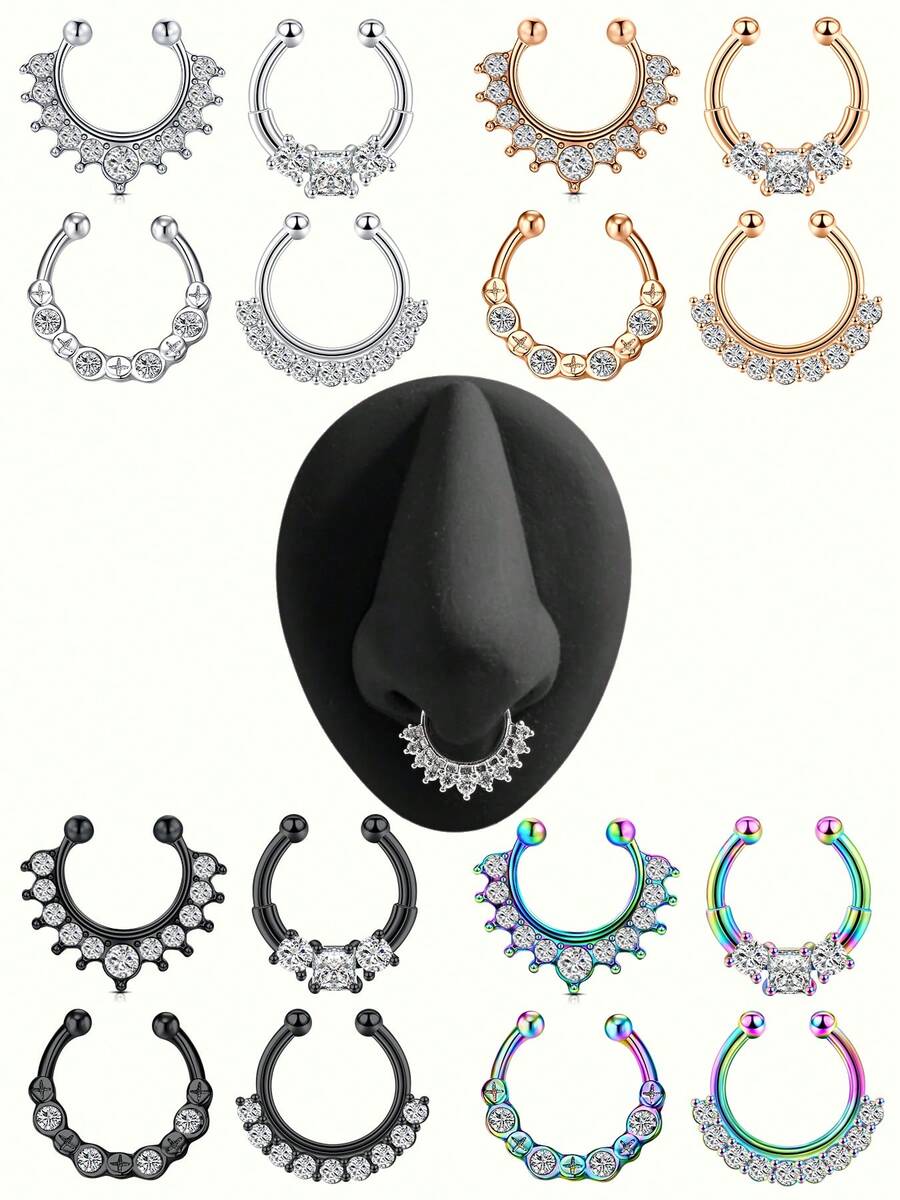 4pcs/Set Punk Style Stainless Steel White Zirconia Inlaid Clip-On Fake Nose Ring - 10mm Inner Diameter, Unisex, Suitable For Daily Wear And Festivals - Fake Septum Rings - View 1