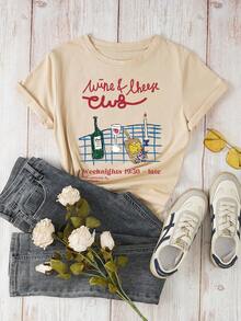 女士葡萄酒图案印花短袖休闲圆领上衣 - 杏色 - 查看 1