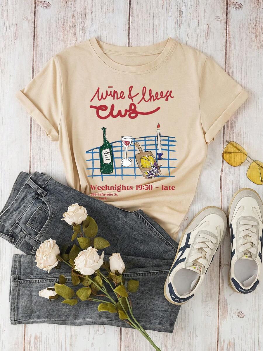 女士葡萄酒图案印花短袖休闲圆领上衣 - 杏色 - 查看 1