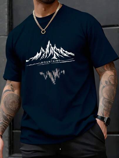 Men's Round Neck Short Sleeve T-Shirt With Stylized Mountain Print, A Casual Comfortable Lightweight Top Suitable For Summer Wear
