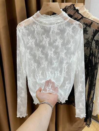 Selcouth Plus Size Women Solid Color Floral Embroidery Ruffle Hem Sheer Long Sleeve T-Shirt, Versatile Lace Casual Top For Commuting, Autumn/Winter