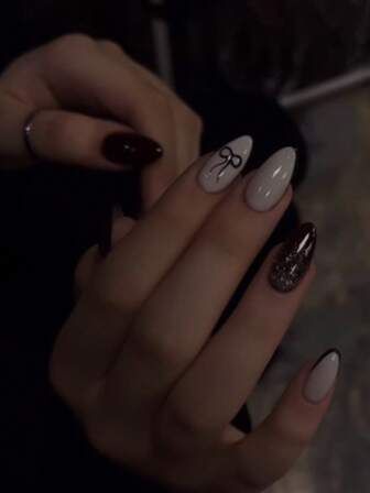 24pcs Gothic Nails Press On French Black Press On Nails Y2k Black Bowknot Decor Fake Nails Short Almond Shape False Nails Manicure Set Includes 1sheet Adhesive Tabs & 1pc Mini File Perfect For Everyday Wvear