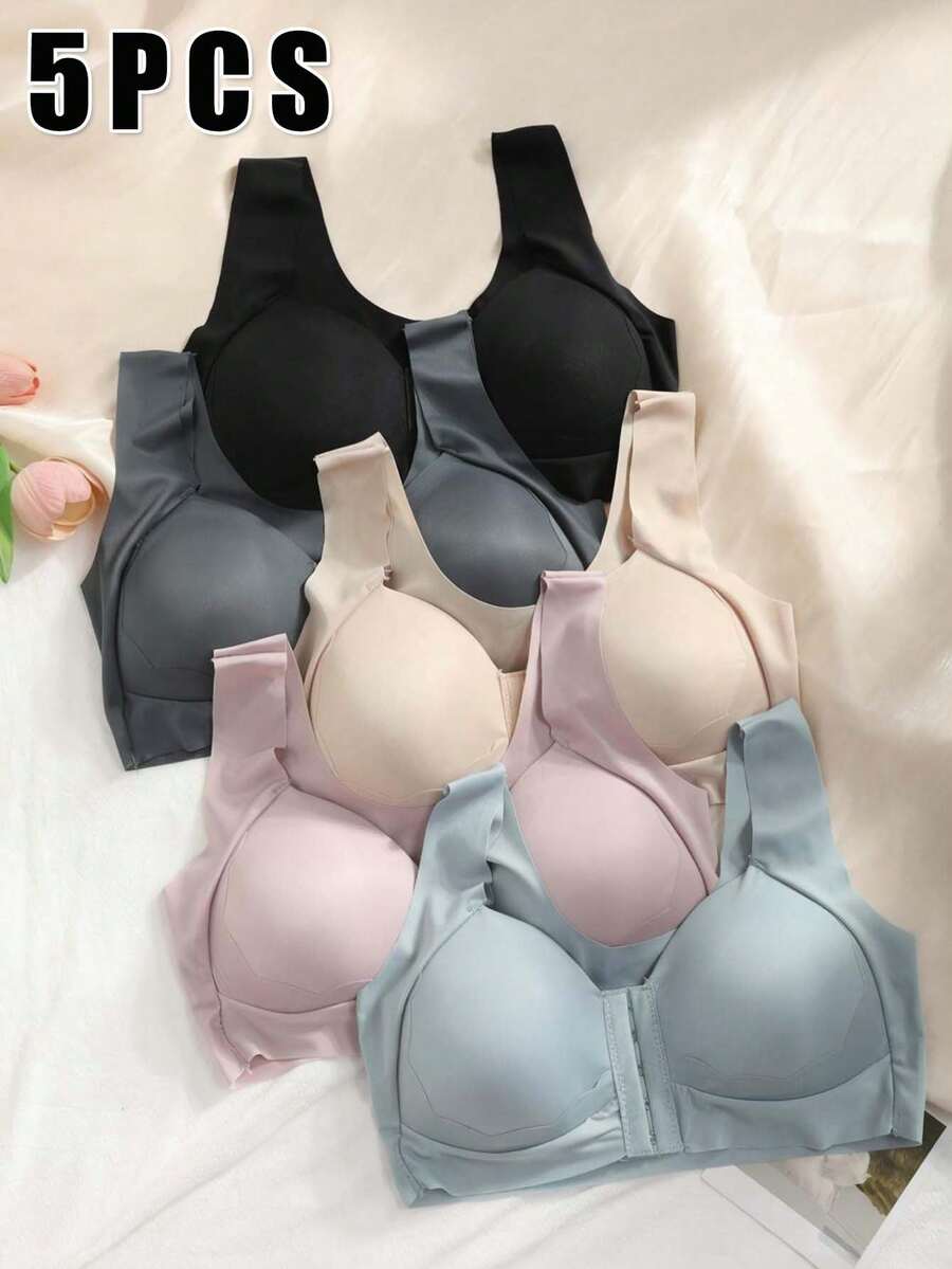 5pcs/Set Women's Front Snap Seamless Back Beauty Bra - Easy To Wear, One-Piece Design, Padded Wire-Free, Thin Skin-Friendly, No Restraint, Perfect For Daily Wear, Sleep & Lounge Lingerie - 混合色 - 查看 1