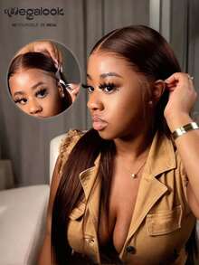 MEGALOOK 巧克力棕色丝滑直发升级版 13x6 三合一™ 无胶假发 - 100% 真人发，带抽绳，18-24 英寸，预拔毛自然发际线，透明蕾丝前假发，180% 密度，无需胶水，预剪耳到耳蕾丝，柔软质感