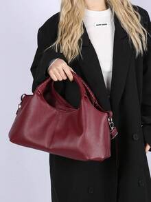 New Vintage PU Leather Women Handbag, Fashion Zipper Shoulder Bag With Detachable Strap, Women Work Travel 2-In-1 Bag, Gray, Black, Green