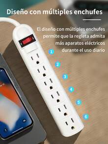 Multicontacto Extensión con 6 enchufes,Regleta de enchufes vertical con 6 tomas,resistente y adecuada para el hogar y la oficina. - Blanco - Ver 5