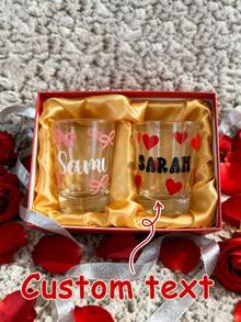 1pc Personalized Wedding Shot Glass - Engraved Party Cup, 2oz Mini Shot Glass, Wedding Favor, Valentine's Day Shot Glass, Pink Bow Heart Shot Glass, Unique Celebration Glassware, Customized Party Shot Glass, Engraved Wedding Gift