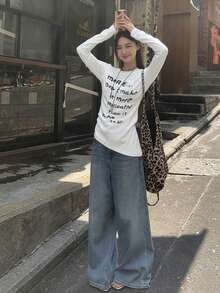 初秋新款圆领字母印花长袖T恤，独特设计女上衣 - 白色 - 查看 5