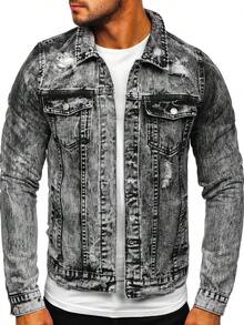 牛仔夹克外套，纽扣设计，春秋季男士轻便运动户外日常休闲经典街头风常规版型基础款 - 灰色 - 查看 1