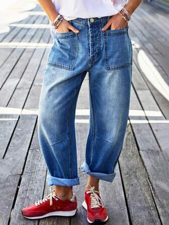 STLY 女士万圣节服装阔腿牛仔裤，秋春新款破洞香蕉牛仔裤，创意剪裁设计，经典复古街头风格阔腿小众个性修身百搭四季可穿蓝色水洗牛仔裤，波西米亚优雅牛仔口袋牛仔裤，适合日常、机场、舞台、演唱会、旅行