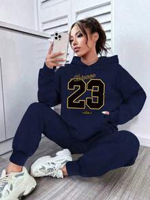 Women's Letter Print Warm Hoodie And Pants Set