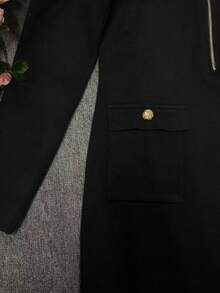 女士春季优雅休闲针织连衣裙，纯色修身款，半拉链设计带口袋，时尚百搭的日常通勤连衣裙，复古风格，女士街头风黑色 - 黑色 - 查看 5