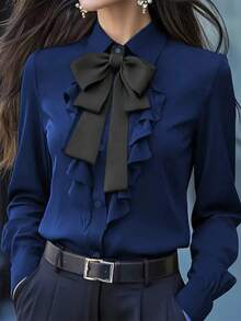 女士优雅荷叶边蝴蝶结长袖衬衫 - 纯色，长袖，前襟纽扣设计，适合通勤和休闲穿着，休闲衬衫 | 优雅上衣 | 荷叶边蝴蝶结细节 春季 - 藍色 - 查看 4