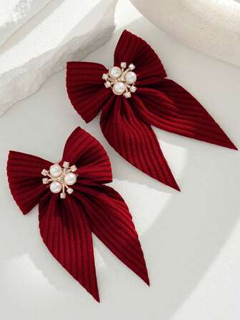 2个装时尚女士发饰蝴蝶结，优雅发带，圣诞装饰面料，酒红色珍珠蝴蝶结发夹，女士时尚发饰，适合幼儿派对礼物，爪夹，发夹，发卡
