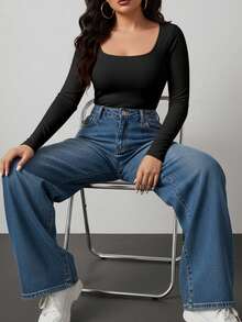 大码女式无缝长袖塑身连体衣，高腰提臀效果，高弹面料，柔软亲肤，畅销款 - 黑色 - 查看 3