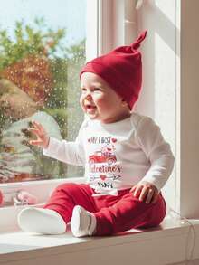Conjunto de ropa para bebé niño con estampado de letras y camión bordado, pantalones con cintura elástica, sombrero para primavera - Blanco - Ver 4