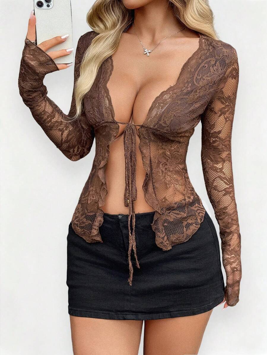 Blusa de manga larga de encaje ajustada y sexy para mujer - Marrón - Ver 1
