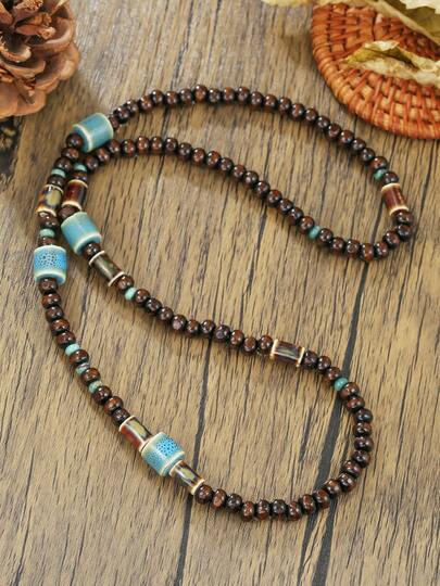 1 pieza Collar de cuentas de madera y cerámica con diseño de nicho de moda y efecto degradado, adecuado para uso diario de hombres, de múltiples capas, regalo