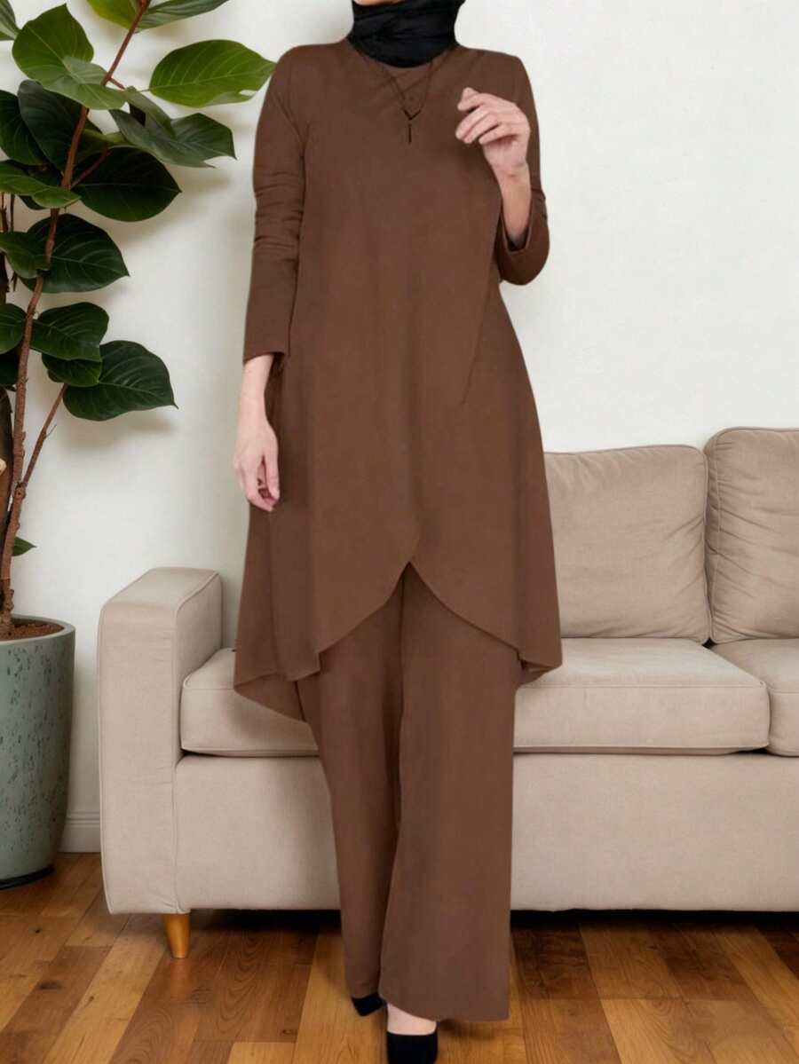 Women's Solid Color Long Sleeve Top And Pants Casual Arabic Style Set, Modest - Coffee Brown - View 1