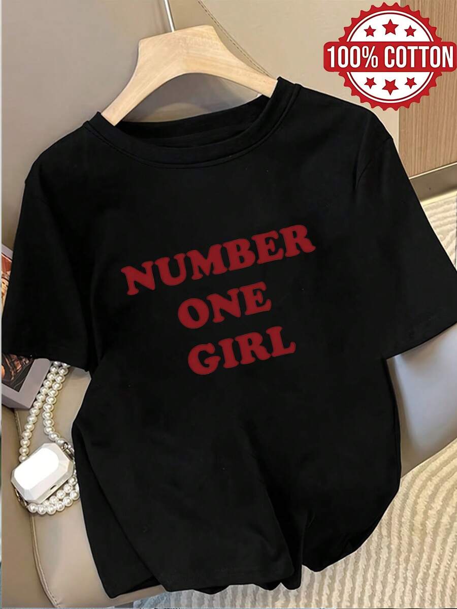 1PC 100% Cotton  Graphic Print Women's Crewneck Tshirt, Soft and Comfortable Fabric, Casual Style for Daily Wear, Perfect Holiday Gift, Birthday Gift, Suitable for daily wear. - Negro - Ver 1