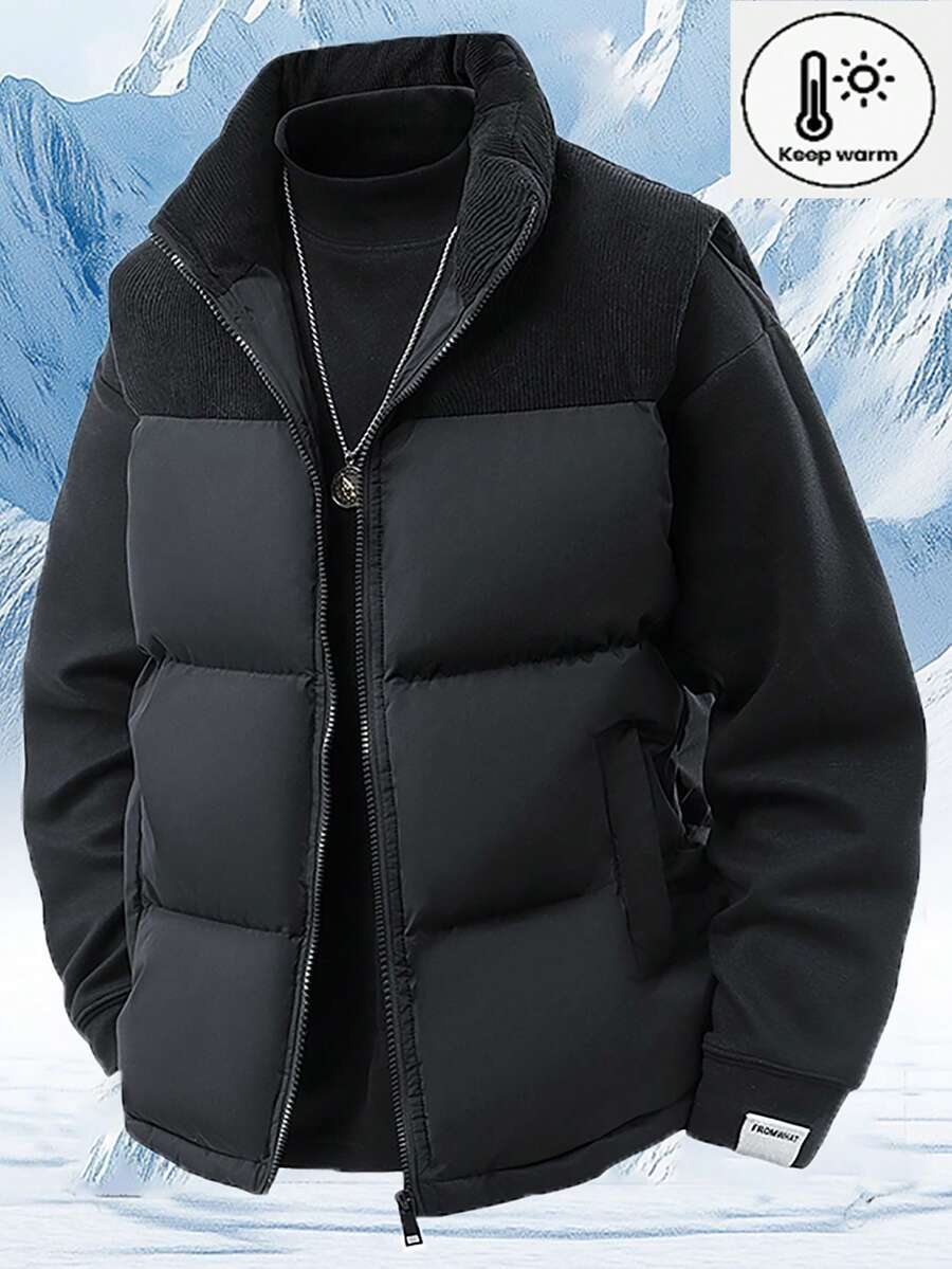 Men's Cotton Padded Vest, Stand Collar, Warm Padded Coat, Sleeveless Cotton Coat For Men - Black - View 1