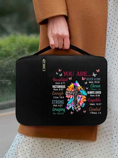 Inspirational Bible Bag,With Butterfly, Cross, Christian Printed On It,Bible Cover, Bible Holder, Hand-Held Storage Bag, Standard Size Bible Bag With Zipper And Pocket, Used For Bible Learning, Bible Cover, Letter Bible Box, Hand-Held Bible Bag,Multiple Pockets For Phone, Earphones & Essentials,Suitable For Men And Women,Ideal For Bible Study & Special Occasions(Black) (Zipper Position Randomly)