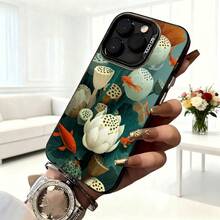 Cubierta de telefono con diseño de loto y peces koi azul oscuro para iPhone 14 Pro Max estilo elegante ideal para uso diario en cafeterias y salones - Blanco - Ver 6