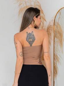 Blusinha Cropped Borboleta Babadinho Amarraçao Pescoço - Caramelo - Visão 2