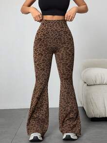 1 Stück nahtlose Leopard Muster Sport Schlaghose, Hoher Bund enge Yoga Leggings, Gerippte Casual Hose, Outdoor Casual Skinny Schlaghose Frühling - Braun - Übersicht 5