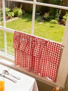 1pc Elegant Plaid Pattern Double-Layer Cafe Curtain - White & Red Plaid Pattern, Double-Layer Design, Suitable For All Seasons, Linen Fabric, Farmhouse Style Short Curtain, Applicable For Living Room, Kitchen, Bathroom Window Decor - Red - View 7