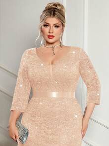Plus Size Deep V-Neck Sequin Floral Lace Contrast Mesh Mermaid Hem Evening Party Formal Maxi Dress - Rượu sâm banh - Xem 9