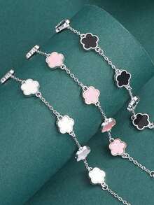 3 件套女士优雅幸运花手链套装，黑白粉色组合，时尚休闲，适合日常佩戴 - 彩色 - 查看 7