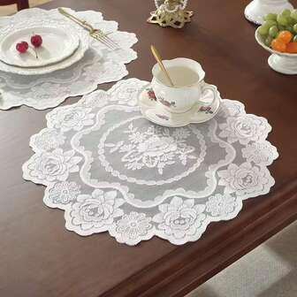 1pc Round Lace Floral Placemat, Coffee Table Mat, Tabletop Tea Coaster, Vintage Bedside Cabinet Decor, Room Decoration