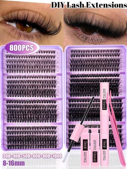 800 piezas Kit de extensión de pestañas, Set de extensión de pestañas DIY, Racimos de pestañas individuales, Rizo D, El set de racimos de pestañas incluye pegamento para pestañas, removedor y pincel aplicador, fácil de usar en casa (30D-40D-50D+60D+80D+100D). Set de racimos de pestañas, adecuado para viajes, uso diario (principiante), boda, cita, fiesta, vacaciones, también excelente como set de pestañas para Navidad/Halloween/regalo.