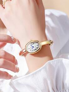 1件优雅奢华时尚椭圆形罗马数字表盘手链腕表，高品质石英女表（1件/套），不含表盒 - 金色 - 查看 6