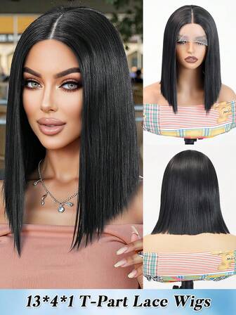 Fashion European And American Dyed Bobo Wig Female Short Straight Hair Black Synthetic Fiber Hair 13X4X1 T-Part Lace Wigs With Bob Gifts For Women Christmas Decorations Christmas Gifts