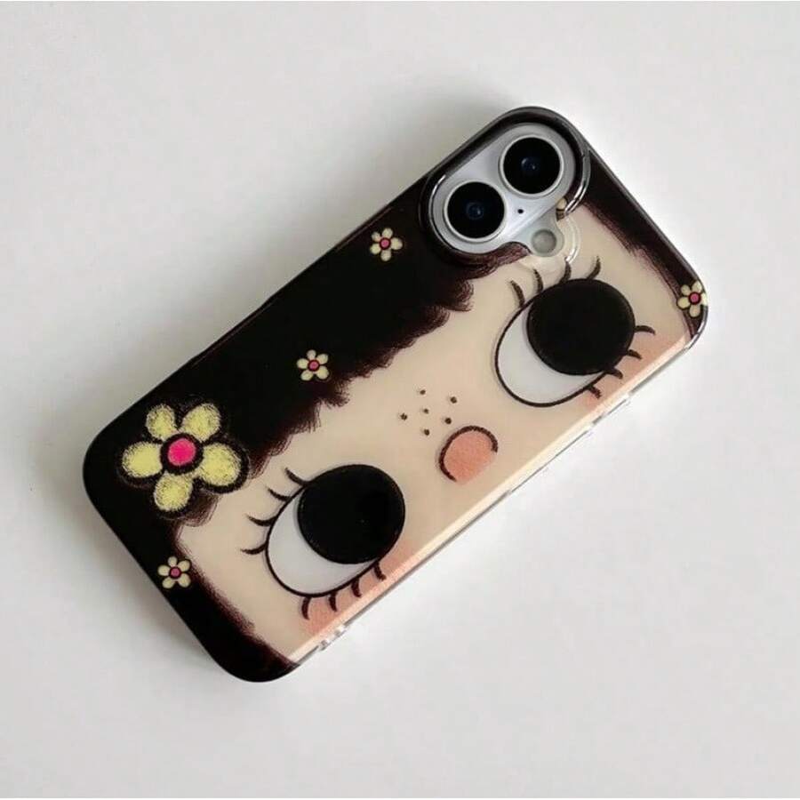 Daisy Co. Vintage Cartoon Big Eye Girl IMD Girl Face Phone – Retro Aesthetic Cover With Daisy Flowers, Cute Quirky Art Design 16 15 14 13 12 11 Pro 13 12 11 Pro MaxCreative Cartoon Phone, Shockproof And Drop-Resistant Full Protect, Suitable 17/17ProMax/IPhone16/16Plus/16Pro/16ProMax, IPhone15/15Plus/15Pro/15ProMax, IPhone14/14Plus/14Pro/14ProMax, IPhone13/13Pro/13ProMax,Girlfriend, Boyfriend, Valentine's Day, - màu đen - Xem 1