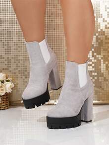 女士踝靴，黑色靴子，保暖粗跟踝靴，后拉链，户外踝靴，秋冬季，高跟 - 灰色磨砂 - 查看 5