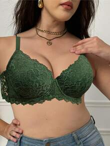 绿色加大码女式蕾丝钢圈无缝内衣文胸，全覆盖，无钢圈支撑，透气，日常穿着无缝内衣文胸，提升